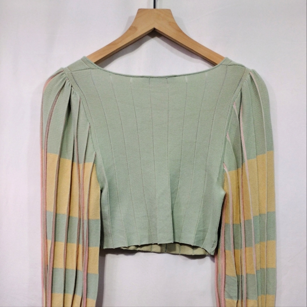 Zara Pleated Knit Crop Top Womens S Green Yellow Square Neck Boho Retro 90s Y2K - Picture 8 of 11